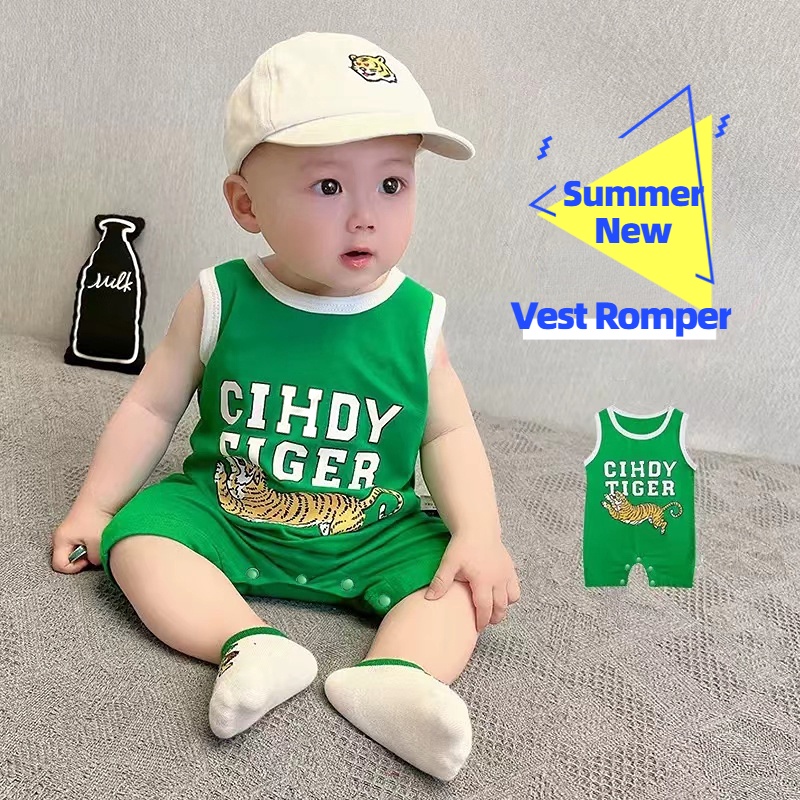 Bộ Áo Liền Quần Sát Nách Bằng Vải Cotton Mỏng In Hình Hổ Hoạt Hình Thời Trang Mùa Hè Cho Bé Trai 0-24