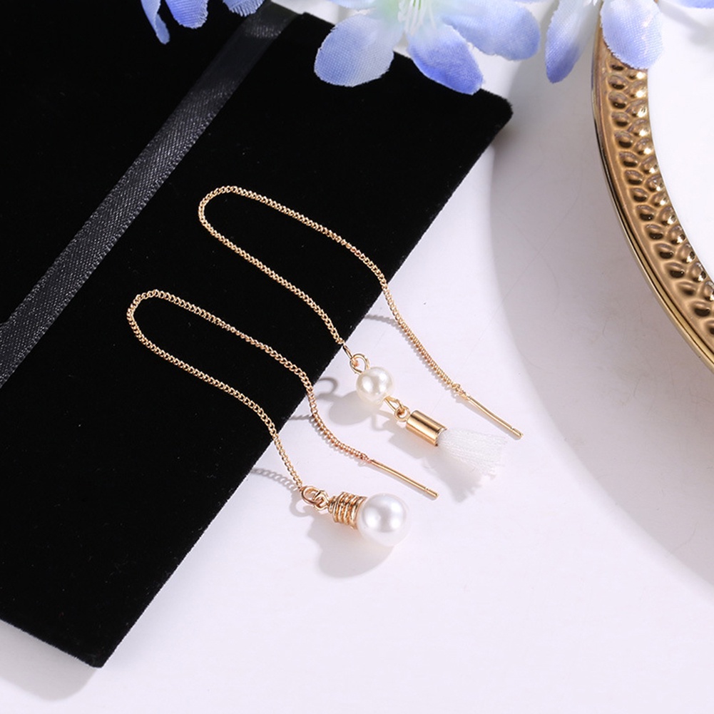 Bông Tai Dáng Dài Phối Tua Rua Đính Ngọc Trai Nhân Tạo Thời Trang