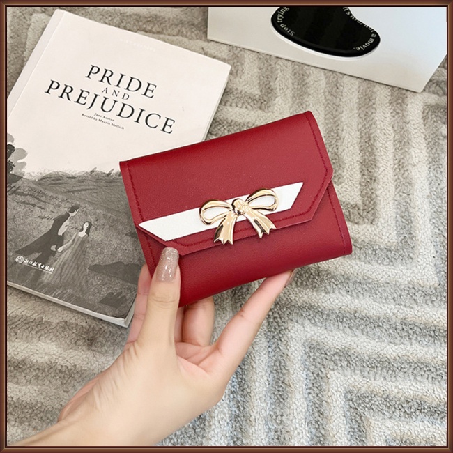 Ví Da Pu Đựng Thẻ / Tiền Xu Phối Màu Tương Phản Đính Nơ Xinh Xắn Cho Nữ