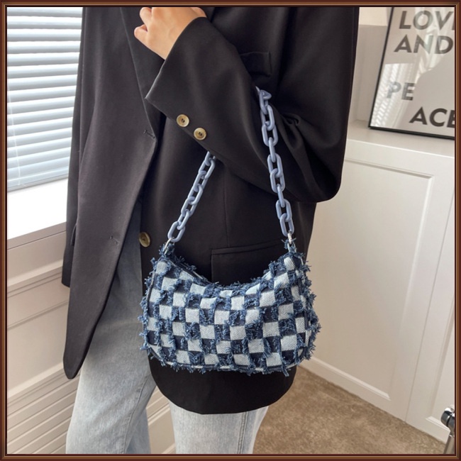 Túi Đeo Vai Họa Tiết Sọc Caro Chất Liệu Denim Thời Trang Mùa Hè Cho Nữ