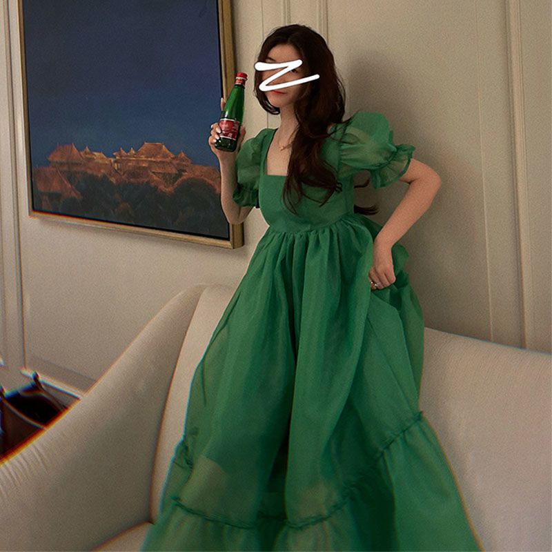 Đầm Công Chúa Dài Tay Phồng Cổ Vuông Nhấn Eo Cao Tôn Dáng Phong Cách Retro Kiểu Pháp