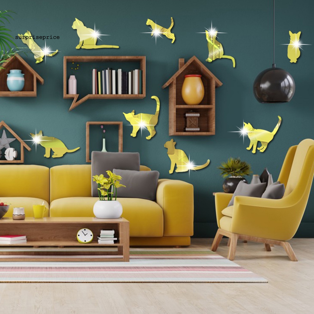 Bộ 9 Miếng Dán Tường Tráng Gương Họa Tiết Hoạt Hình Mèo Sáng Tạo Trang Trí Nhà Cửa