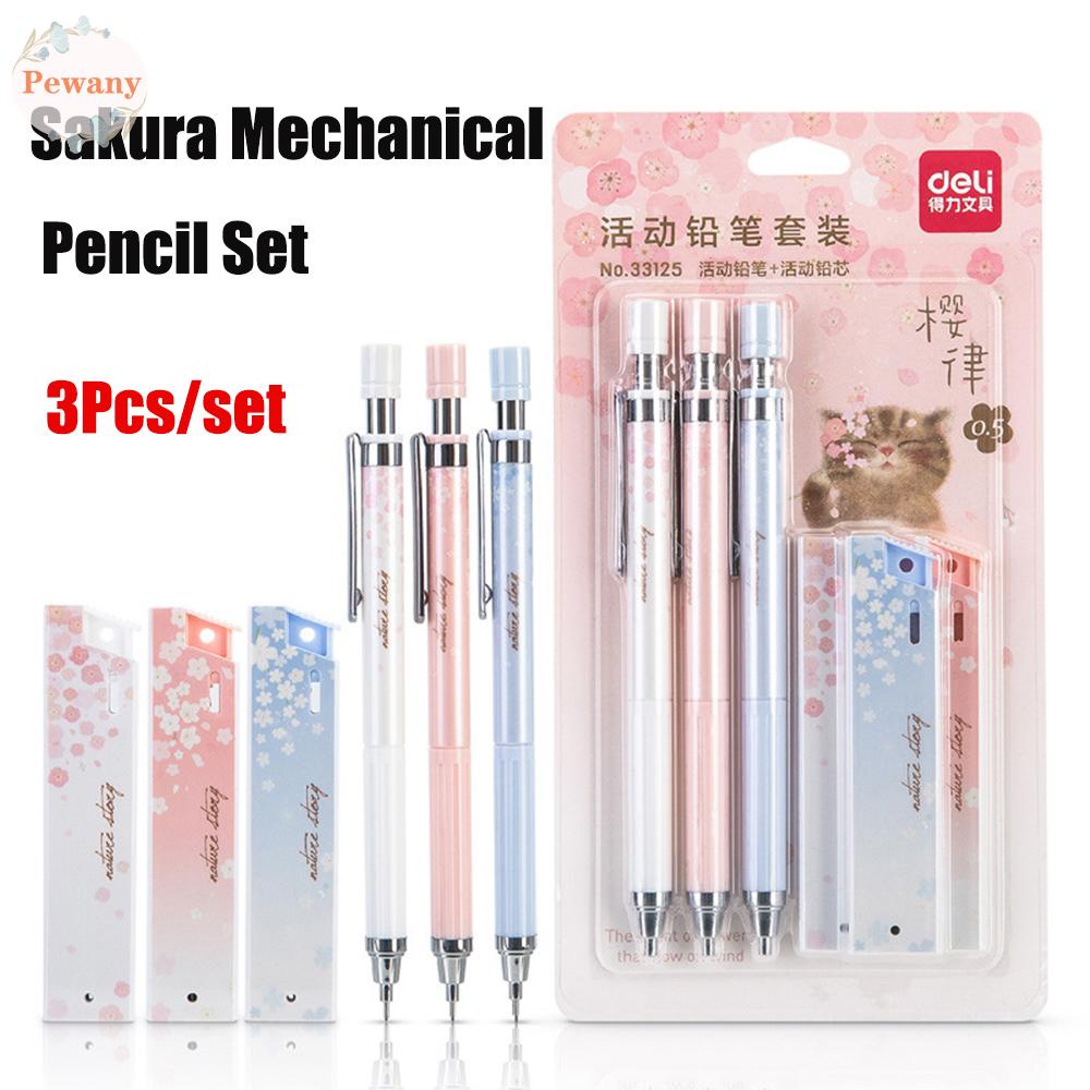 Set Bút Chì Bấm Ngòi 0.5mm Vỏ Cao Su Họa Tiết Hoa Anh Đào Dễ Thương