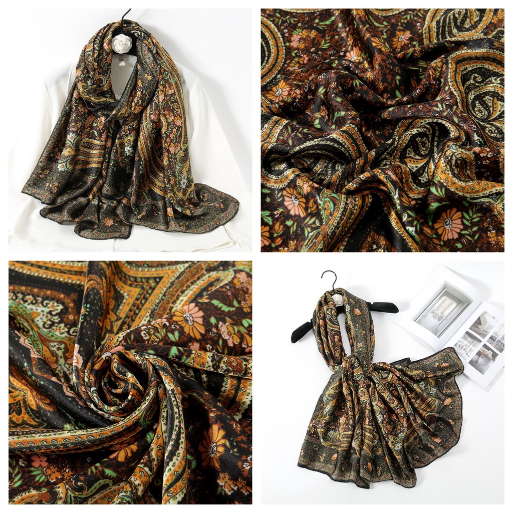 Khăn Choàng Lụa Satin 180 * 90CM In Họa Tiết Hoa Cổ Điển Thoáng Khí Mềm Mại