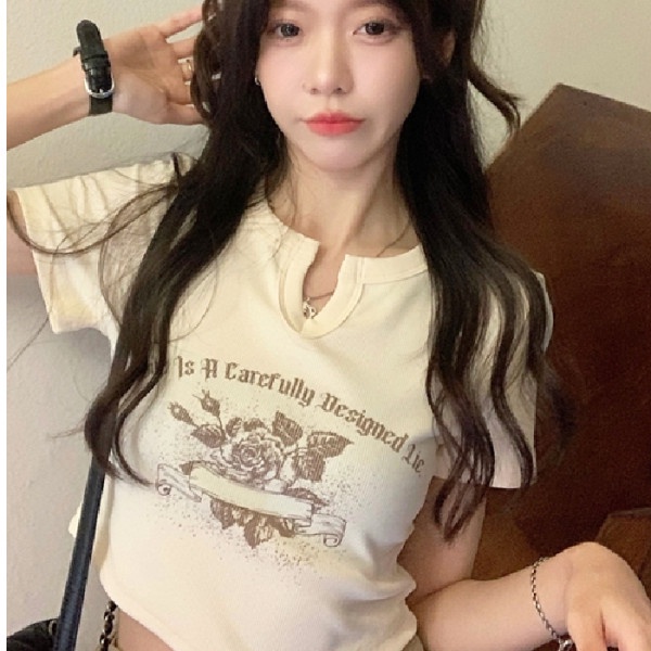 NZN Áo Thun Crop top Tay Ngắn Hở Cổ Áo Thun Tay Ngắn In Chữ Và Hoa Thời Trang Dành Cho Nữ