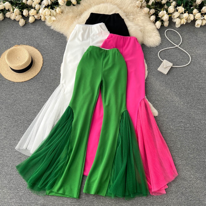 Quần Dài Lưng Cao Ống Loe Phối Lưới Thời Trang Cho Nữ