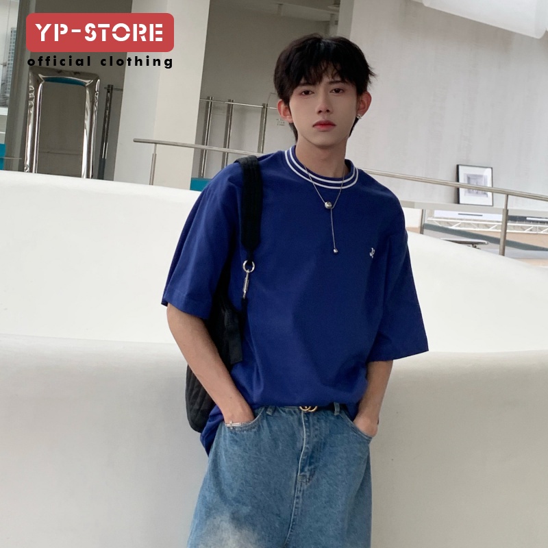 Áo Thun Cotton Ngắn Tay Dáng Rộng Màu Xanh Navy Phong Cách Preppy Cho Nam Và Nữ
