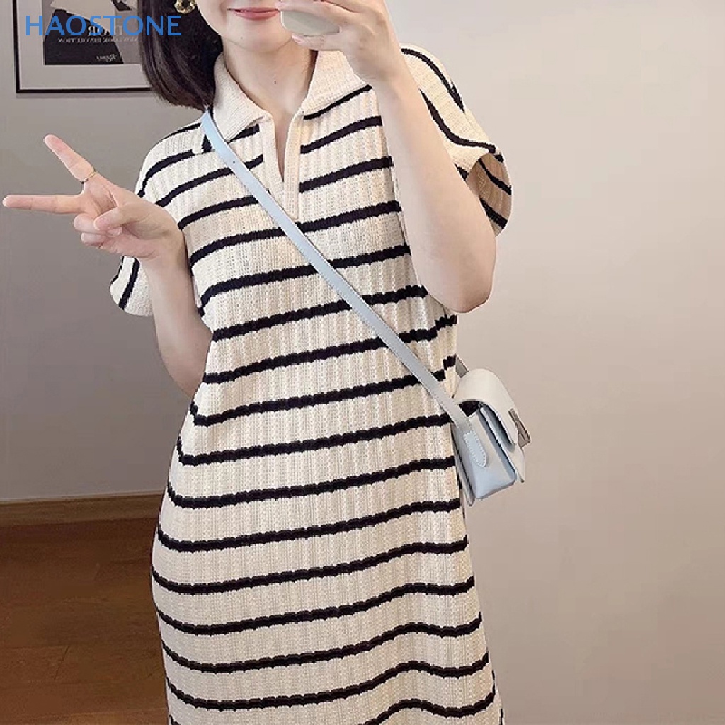 Đầm Thun Dáng Dài Rộng Cổ Chữ V Tay Ngắn Họa Tiết Kẻ Sọc Đơn Giản Dành Cho Nữ MCL