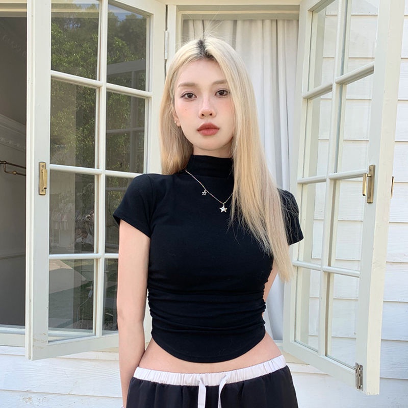 Áo thun COZOK dệt kim tay ngắn cổ cao đơn giản trẻ trung