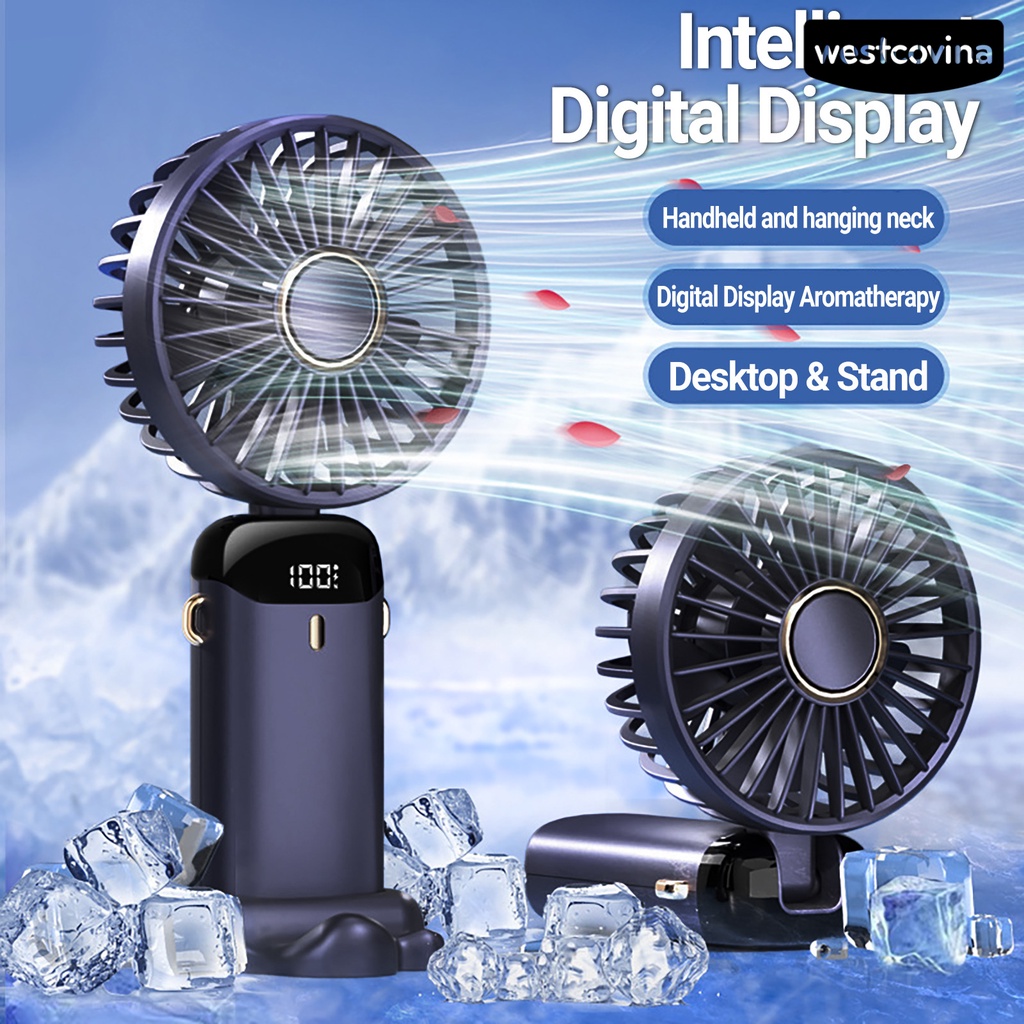 W🅢Quạt Mini Cầm Tay 5 Tốc Độ Gió Làm Mát Không Ồn Màn Hình Kỹ Thuật Số Thời Trang