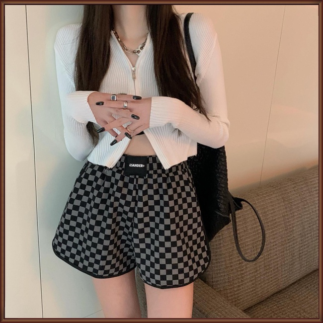 Quần Short Thể Thao Ống Rộng Lưng Cao Nhanh Khô In Họa Tiết Caro Thời Trang Mùa Hè Cho Nữ