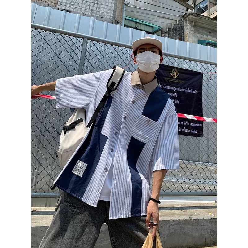 Áo Sơ Mi Tay Ngắn Kẻ Sọc Màu Sắc Tương Phản Cá Tính Cho Nam