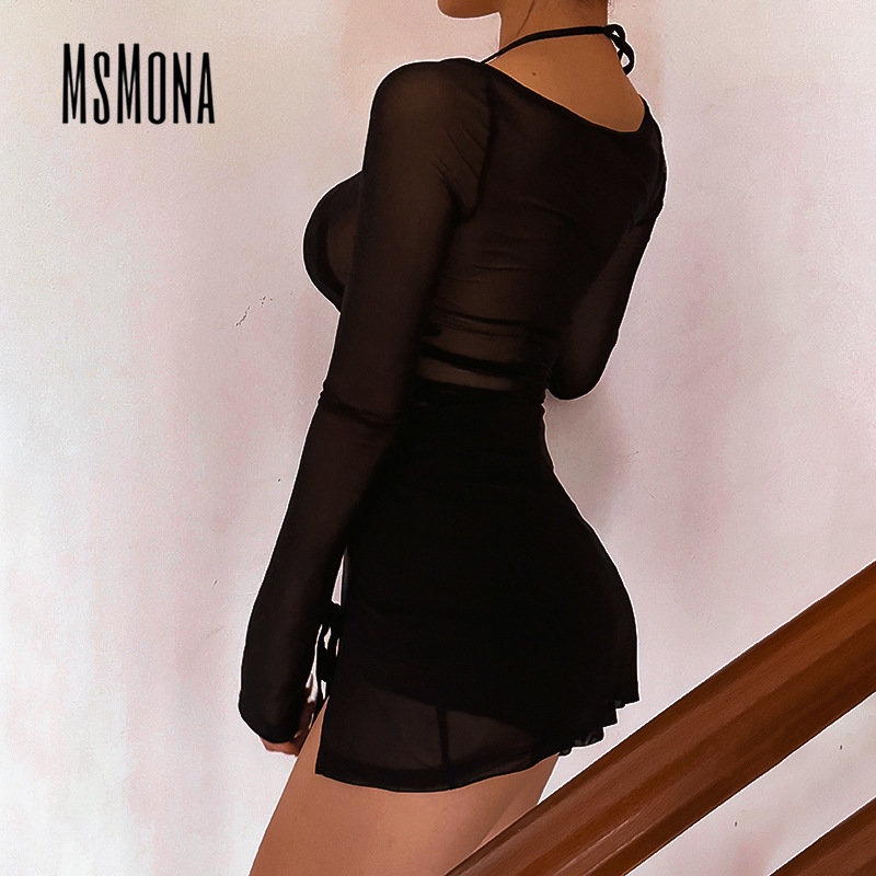 Đầm Tay Dài Cổ Vuông Phối Lưới Xuyên Thấu Màu Trơn Thời Trang 2023 Quyến Rũ Cho Nữ