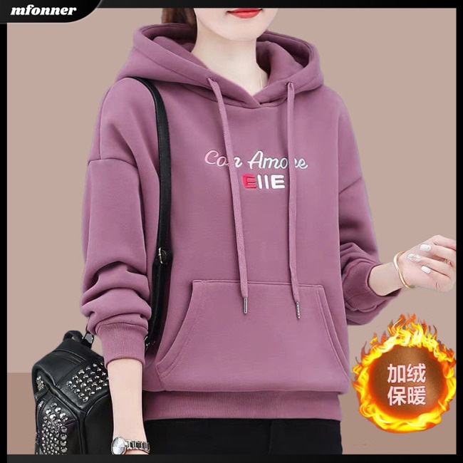 Mw Áo Sweater Chui Đầu Dáng Rộng Lót Lông Cừu Dày Dặn Có Túi Sành Điệu Cho Nữ