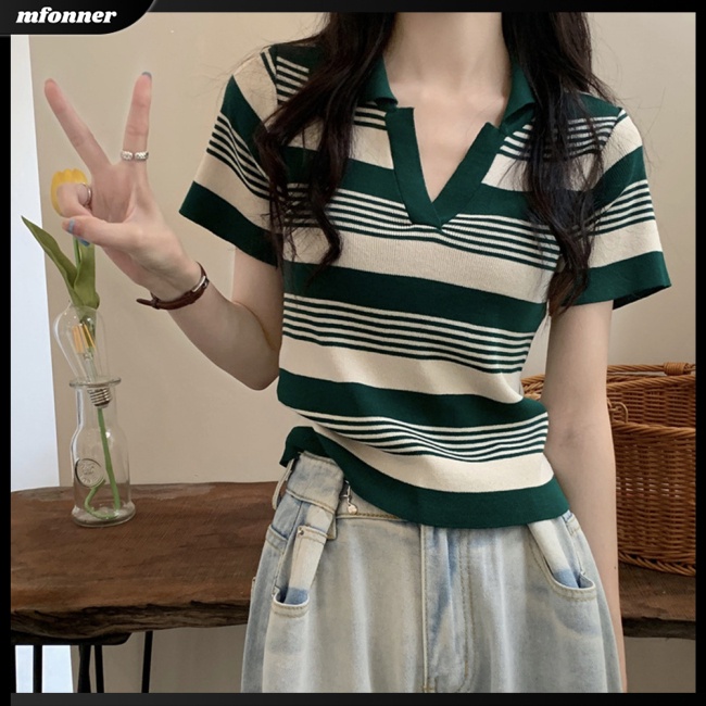 Áo polo Dệt Kim Tay Ngắn Dáng Ôm Họa Tiết Kẻ Sọc Thời Trang Mùa Hè Cho Nữ
