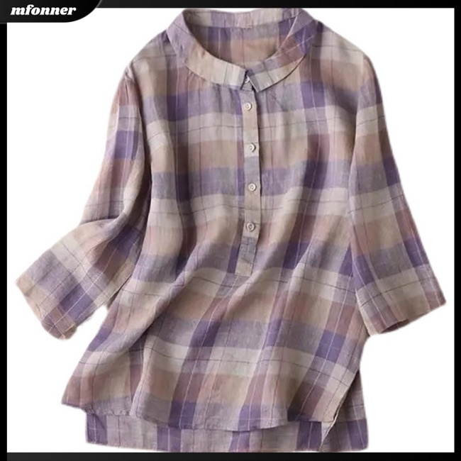 Áo Sơ Mi Cotton Lanh Dáng Rộng Cổ Đứng Tay Ngắn In Họa Tiết Kẻ Sọc Thời Trang Mùa Hè Cho Nữ