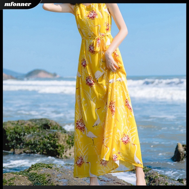 Đầm Dài Không Tay Eo Co Giãn In Hoa Thời Trang Mùa Hè Dành Cho Nữ