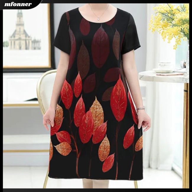 Đầm Midi Tay Ngắn Cổ Tròn Dáng Chữ A Vải Lụa Lạnh In Hoa Thời Trang Cho Bạn Gái