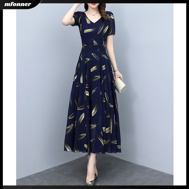 Đầm Cổ Chữ V Eo Cao Tay NgắN in Hoa ThờI Trang Cho Nữ