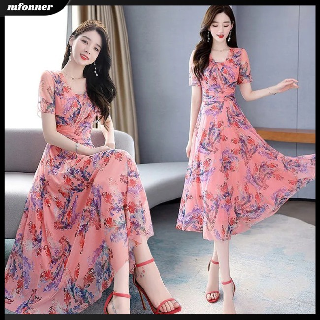 Đầm Midi Tay Ngắn Cổ Chữ V In Họa Tiết Hoa Thanh Lịch Thời Trang Cho Nữ