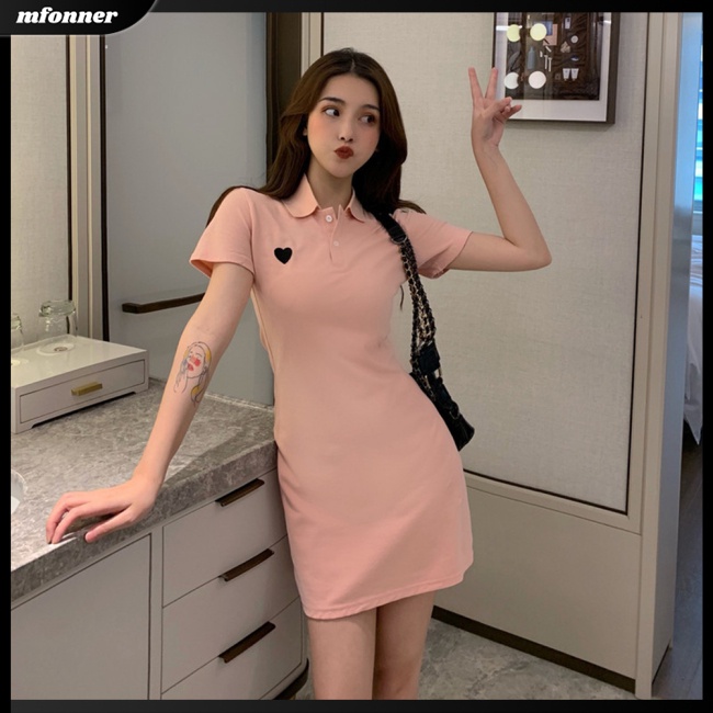 Đầm Ngắn Tay Dáng Ôm Thêu Họa Tiết Trái Tim Xinh Xắn Cho Nữ