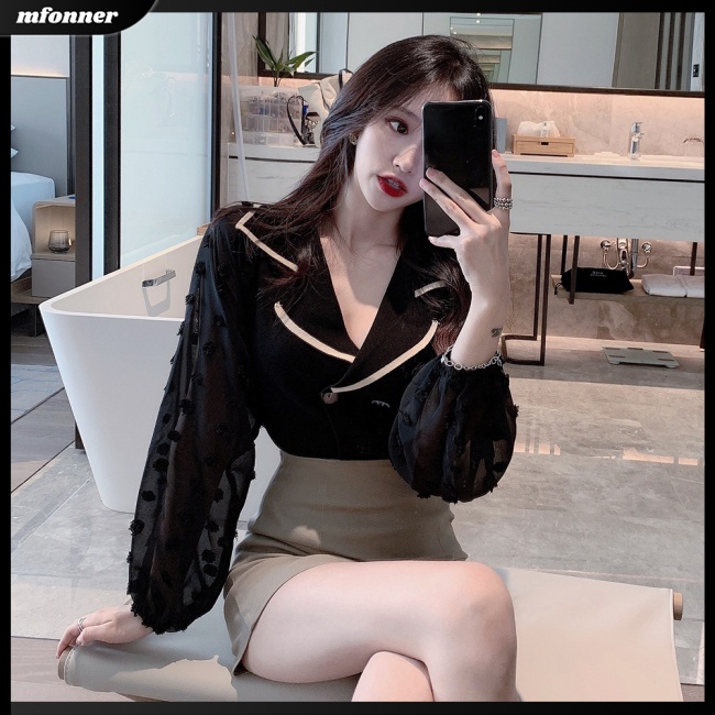 Áo Sweater Dệt Kim Tay Dài Cổ Chữ V Phối Lưới Dáng Ngắn Thời Trang Cho Nữ