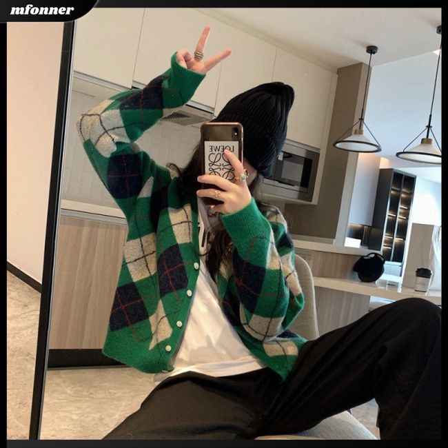Áo Khoác Cardigan Dệt Kim Cổ Chữ V Màu Sắc Tương Phản Phong Cách Retro Dành Cho Nữ