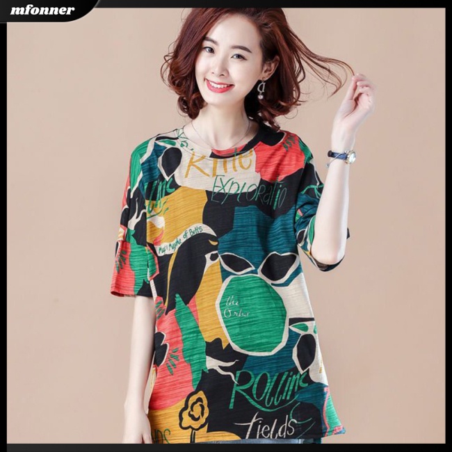 Áo Thun Tay Ngắn Dáng Rộng Cổ Tròn In Họa Tiết Thời Trang Cho Nữ