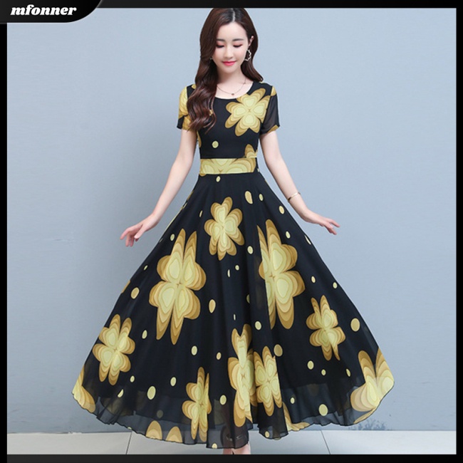 Đầm Chiffon Tay Ngắn Cổ Tròn Ôm Eo In Họa Tiết Thời Trang Cho Nữ