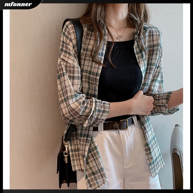 Áo Khoác Sơ Mi Caro Tay Dài Dáng Rộng Thời Trang Thu Đông Cho Nữ