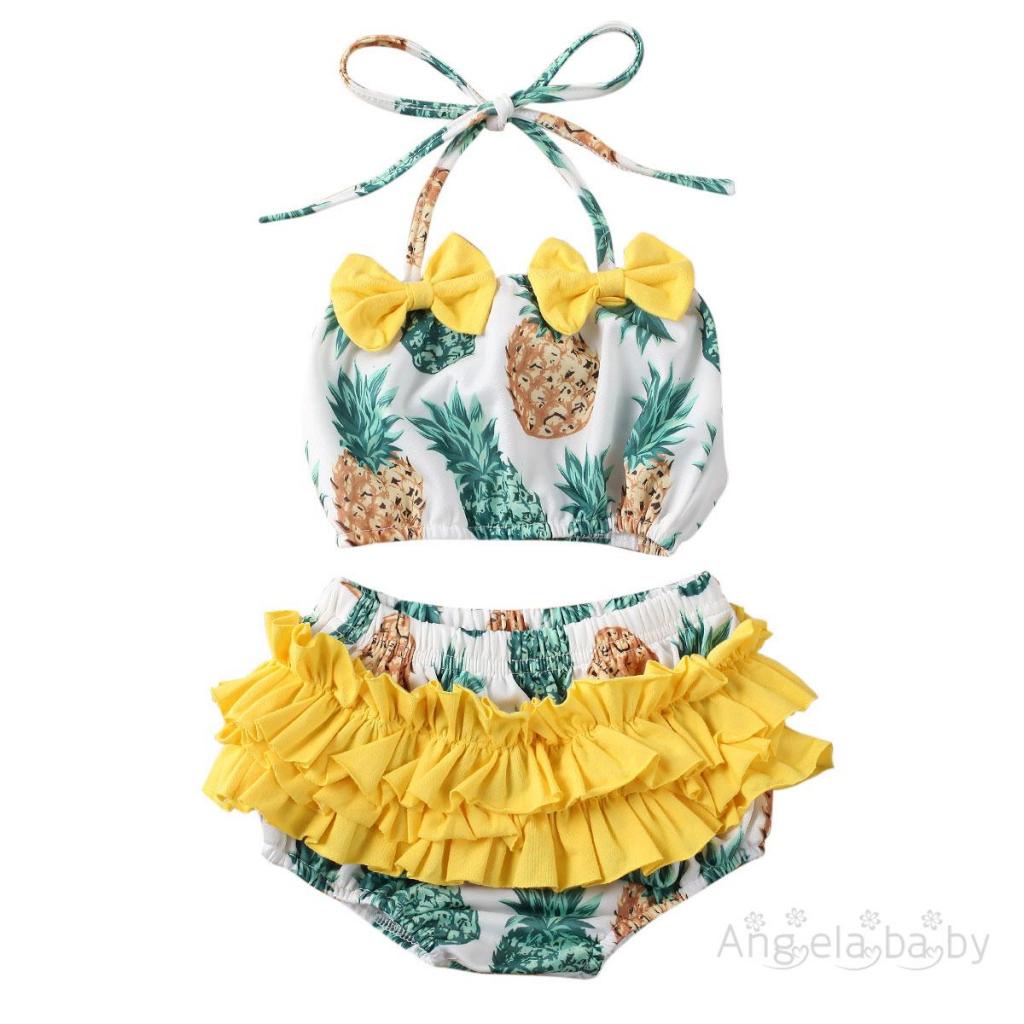 Bộ Đồ Bơi Hai Mảnh Áo Thắt Nơ In Hoa + Quần Ngắn Dành Cho Bé Gái