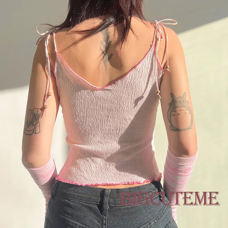 Áo Hai Dây Cổ Chữ V Buộc Dây Hở Lưng In Họa Tiết Bướm Màu Hồng Thời Trang Mùa Hè Cho Nữ