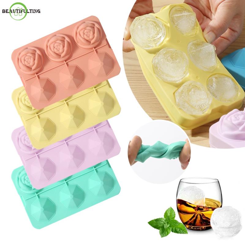Khuôn làm đá 3 viên hình bông hoa hồng khay đá silicon có nắp xinh xắn cute khuôn làm thạch trang trí đồ uống tủ lạnh
