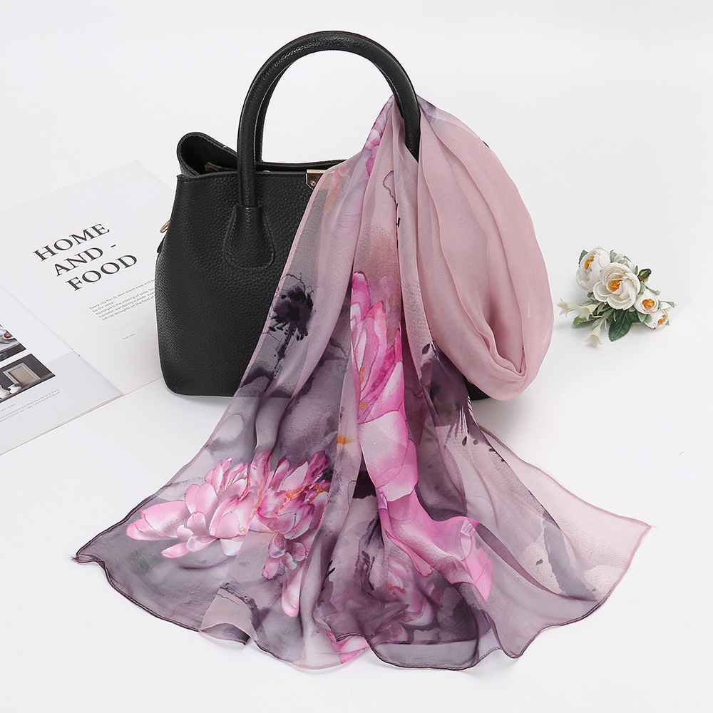 Khăn Quàng Cổ Chống Nắng 160 * 50cm Bằng Lụa Mỏng In Họa Tiết Hoa Sen Thời Trang Xuân Hè Cho Nữ