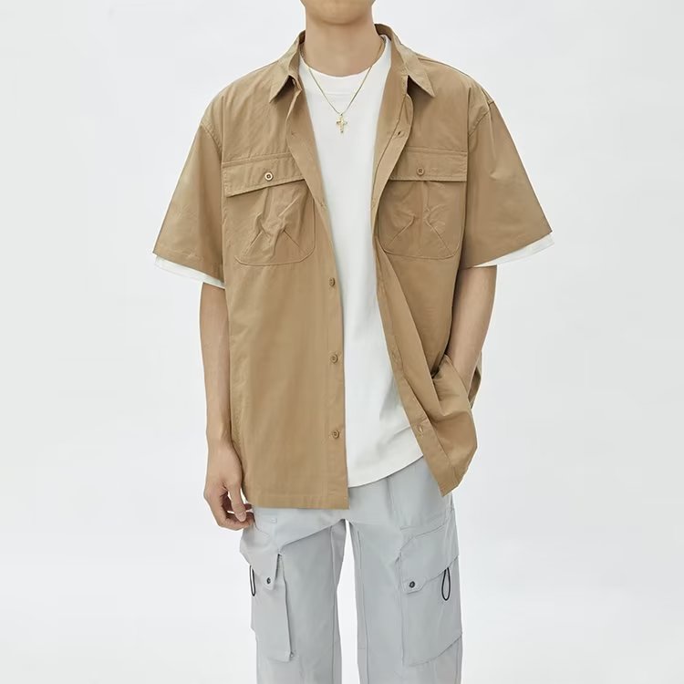 Áo Sơ Mi Ngắn Tay Dáng Rộng Phối Túi Lớn Thời Trang Mùa Hè Nhật Bản Dành Cho Nam