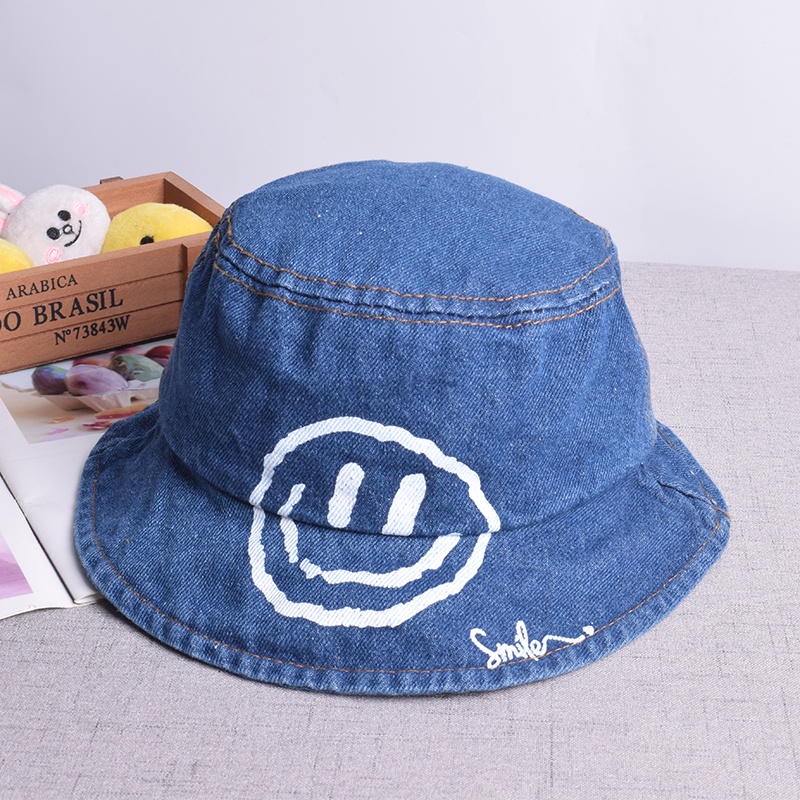 Mũ bucket denim chống nắng hình mặt cười năng động cho bé trai/ gái phong cách Hàn Quốc