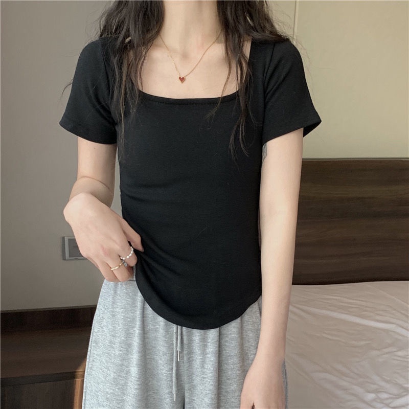 Áo Thun Tay Ngắn Màu Trơn Dáng Ôm Thời Trang Hàn Quốc Quyến Rũ Cho Nữ