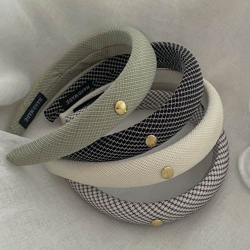 Băng Đô Cài Tóc Bằng Xốp Và Vải Kẻ Sọc Caro In Chữ Kim Loại Thời Trang Hàn Quốc