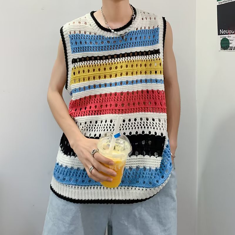 Áo Sweater Dệt Kim Sát Nách Kẻ Sọc Màu Sắc Tương Phản Kiểu Retro Cá Tính Cho Nam