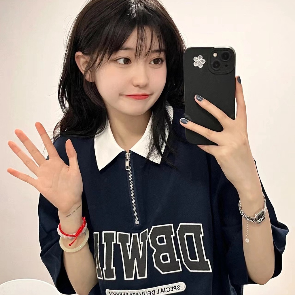 Áo polo Ngắn Tay Dáng Rộng Phối Khóa Kéo Thời Trang Mùa Hè Dành Cho Nữ