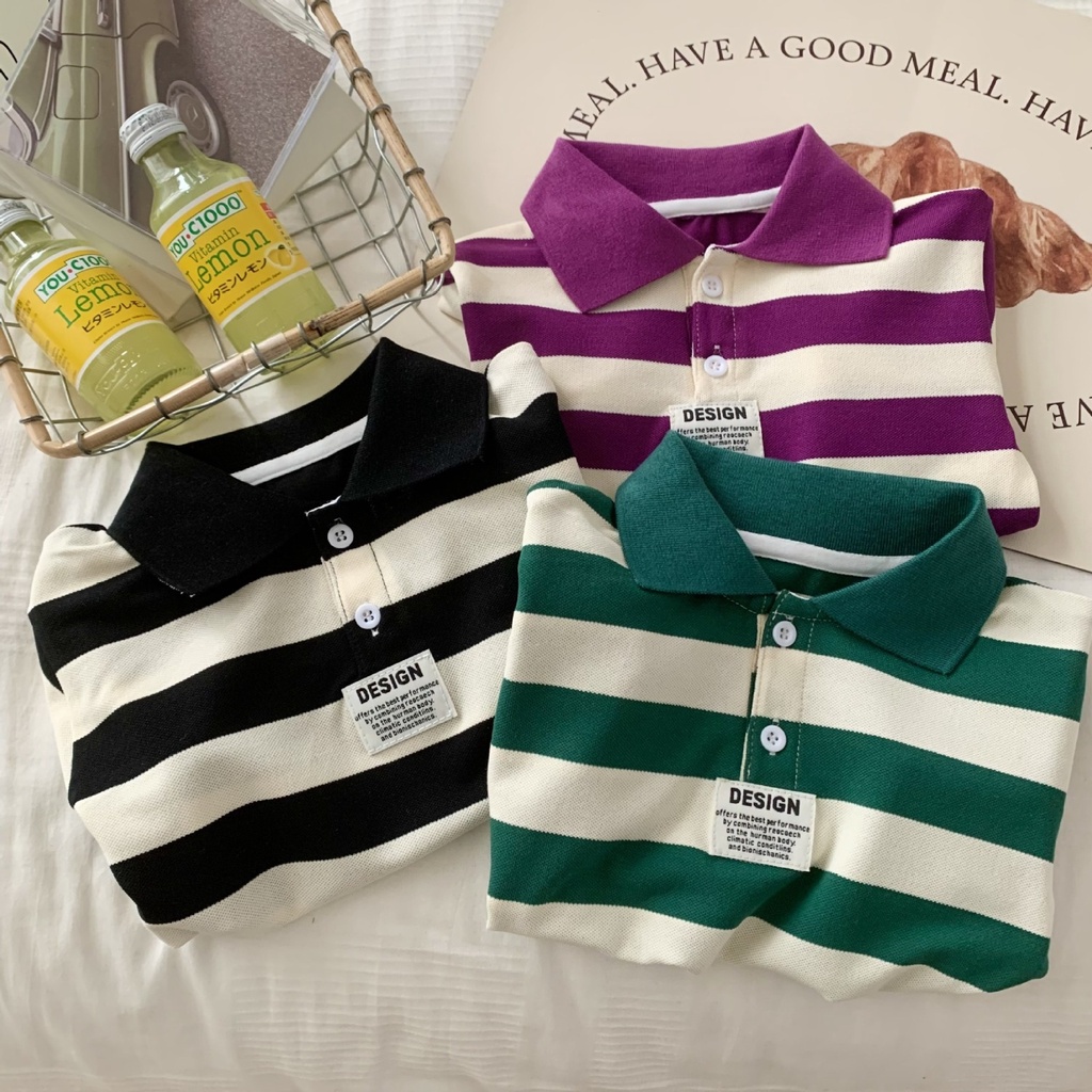 Áo Thun 100% cotton Tay Ngắn Họa Tiết Kẻ Sọc Màu Sắc Dành Cho Trẻ Em