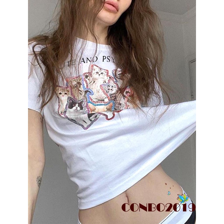 Áo Thun Crop Top Tay Ngắn Cổ Tròn In Hình Mèo Và Chữ Thời Trang Mùa Hè Cho Nữ