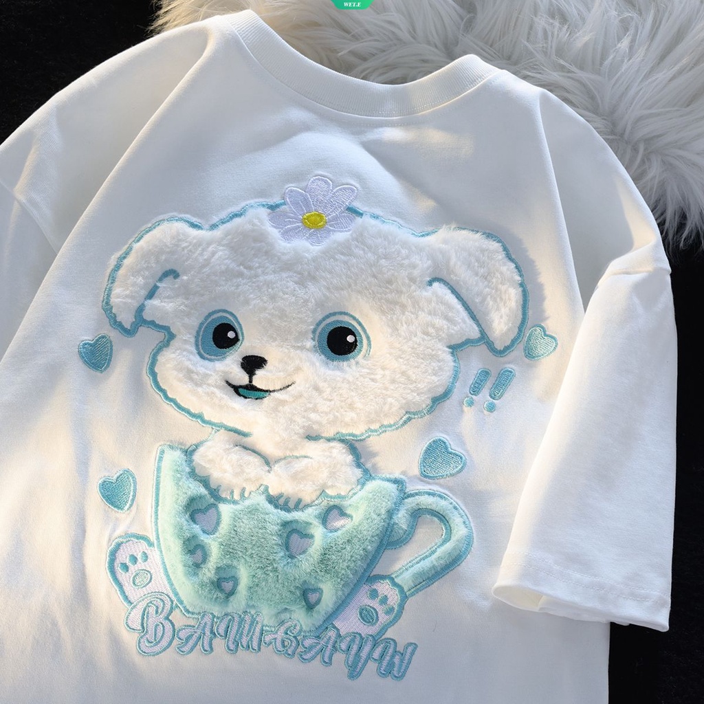 Áo Thun Tay Ngắn Dáng Rộng Thêu Hình Cún Bông Dễ Thương Thời Trang Mùa Hè 2023 Cho Nữ