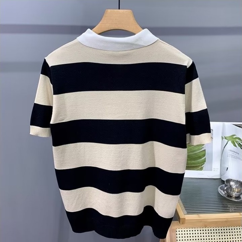 Áo Thun polo Dệt Kim Tay Ngắn Dáng Rộng Họa Tiết Kẻ Sọc Thời Trang Mùa Hè Cho Nam