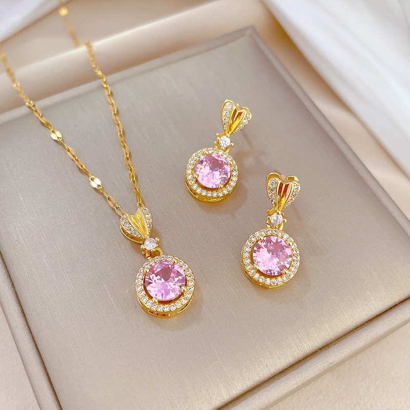 Bộ Dây Chuyền + Bông Tai Bằng Thép Titan Hình Tròn & Trái Tim Dát Nhẹ Sang Trọng