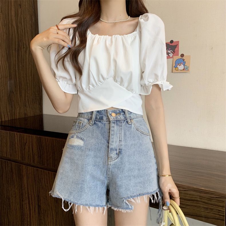 Áo Sơ Mi Ngắn Cổ Vuông Thắt Nơ Lưng Phong Cách Pháp Thời Trang Mùa Hè Cho Nữ