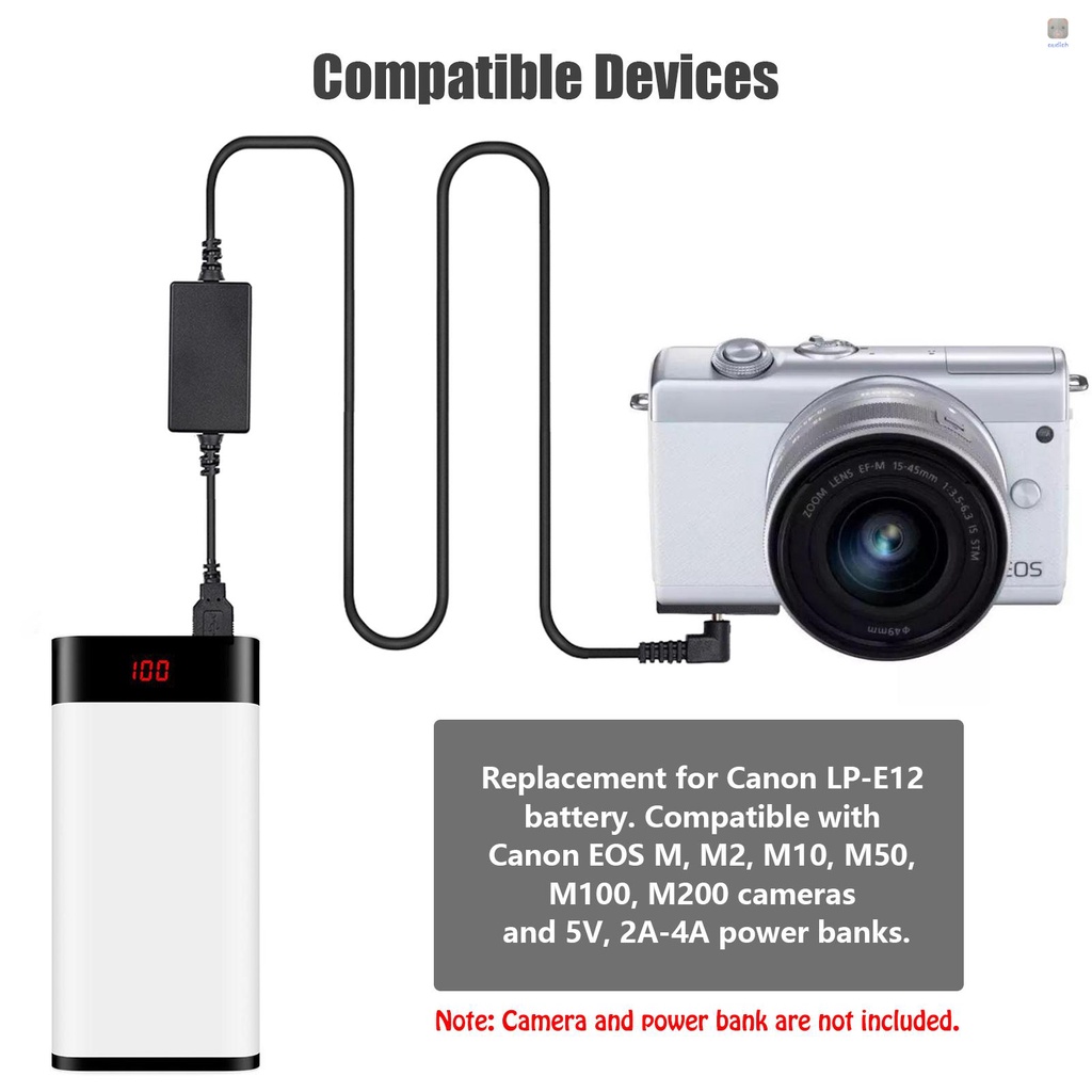 Bộ Nguồn Andoer DR-E12 USB Thay Thế Pin Giả LP-E12 Với Cáp Nguồn USB DC Tương Thích Với EOS M2 M10 M50 M100 M200