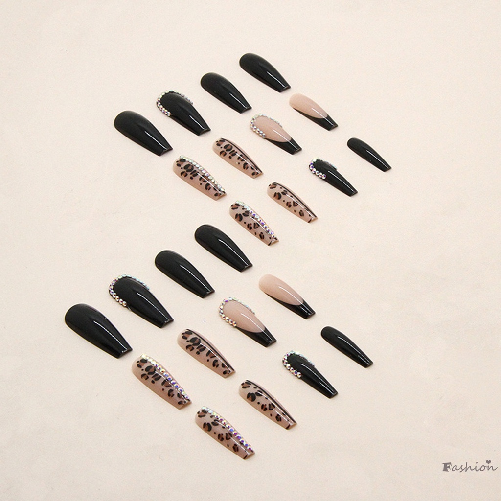 Bộ Móng Tay Giả Dài Màu Đen Đính Đá Nhiều Màu Sắc Không Gây Hại Và Viền Mượt Mà