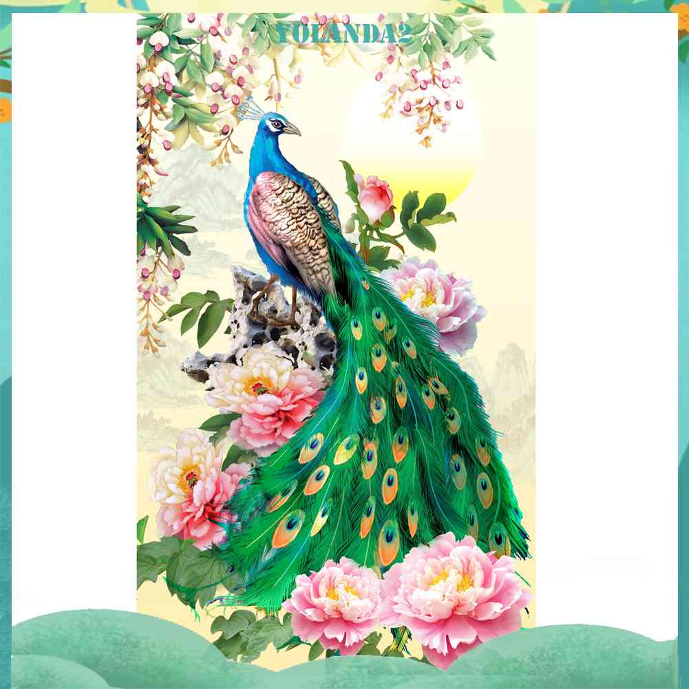 Tranh Thêu Chữ Thập Đính Đá Kim Cương DIY Hình Vẽ Hoa Chim Công