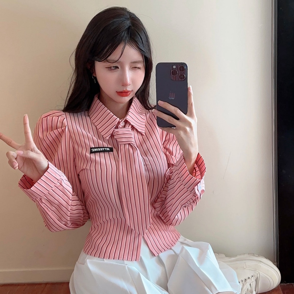 Áo Sơ Mi Tay Dài Dáng Ôm Họa Tiết Kẻ Sọc Phong Cách Hàn Quốc Thời Trang Cho Nữ